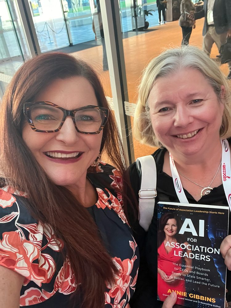 Annie Gibbins holding her book AI for Association Leaders